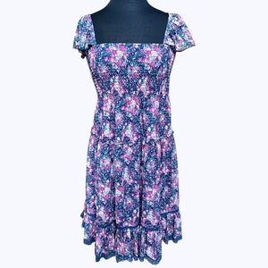 LAPIS Floral Print Square Neckline Puff Sleeves Smocked Tiered Sundress Sz Small